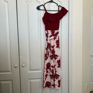 Red Juniors Off the Shoulder Jumpsuit